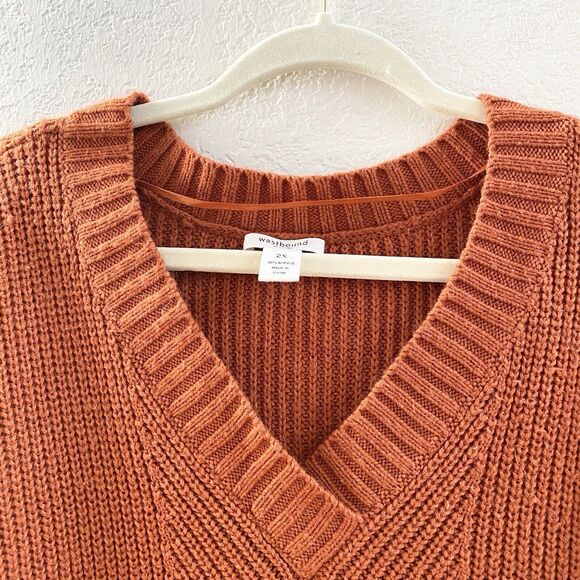 Westbound Womens 2X Long Sleeve Burnt Orange Ribbed V Neck Knit Sweater - Picture 2 of 9